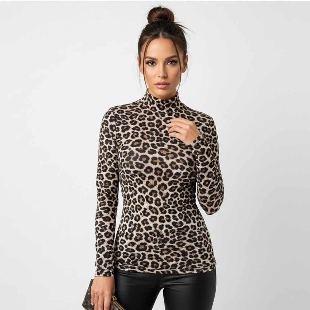 FARM Rio Leopard Print Natural Skin Jersey Blouse Ruched Long Sleeve Top Size‎ S